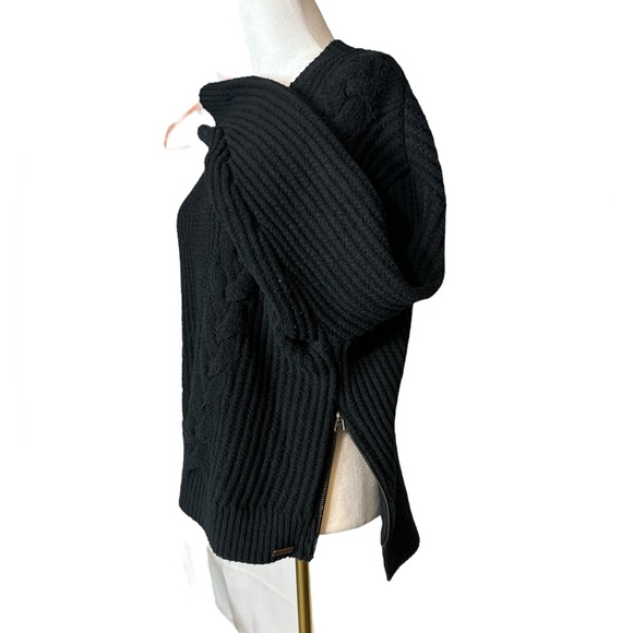 Cable Knit Crewneck Sweater by RVCA, Cropped, Sz Large, Zippers on Sides, Black - Picture 10 of 12